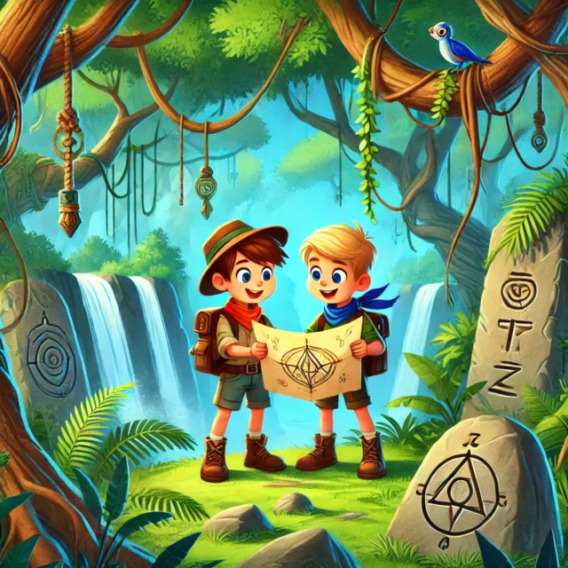 Two boys exploring a jungle on a mysterious island with a map.