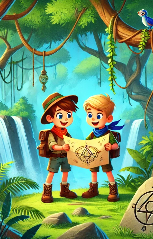 Two boys exploring a jungle on a mysterious island with a map.