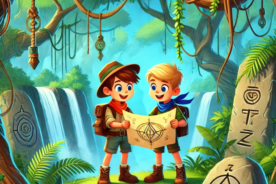 Two boys exploring a jungle on a mysterious island with a map.