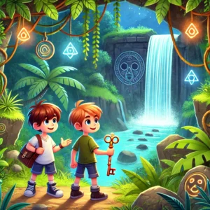 Two boys exploring a jungle on a mysterious island with a map.