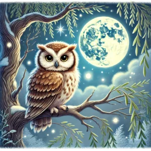 A wise owl named Oliver perched on an ancient willow tree under moonlight, surrounded by twinkling stars in a peaceful forest