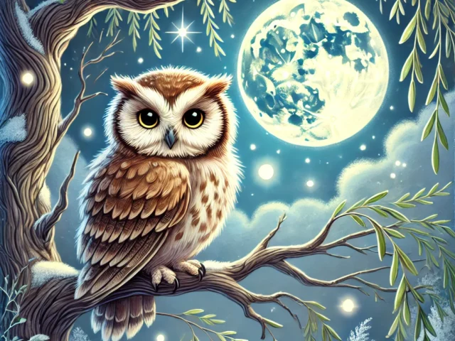 A wise owl named Oliver perched on an ancient willow tree under moonlight, surrounded by twinkling stars in a peaceful forest