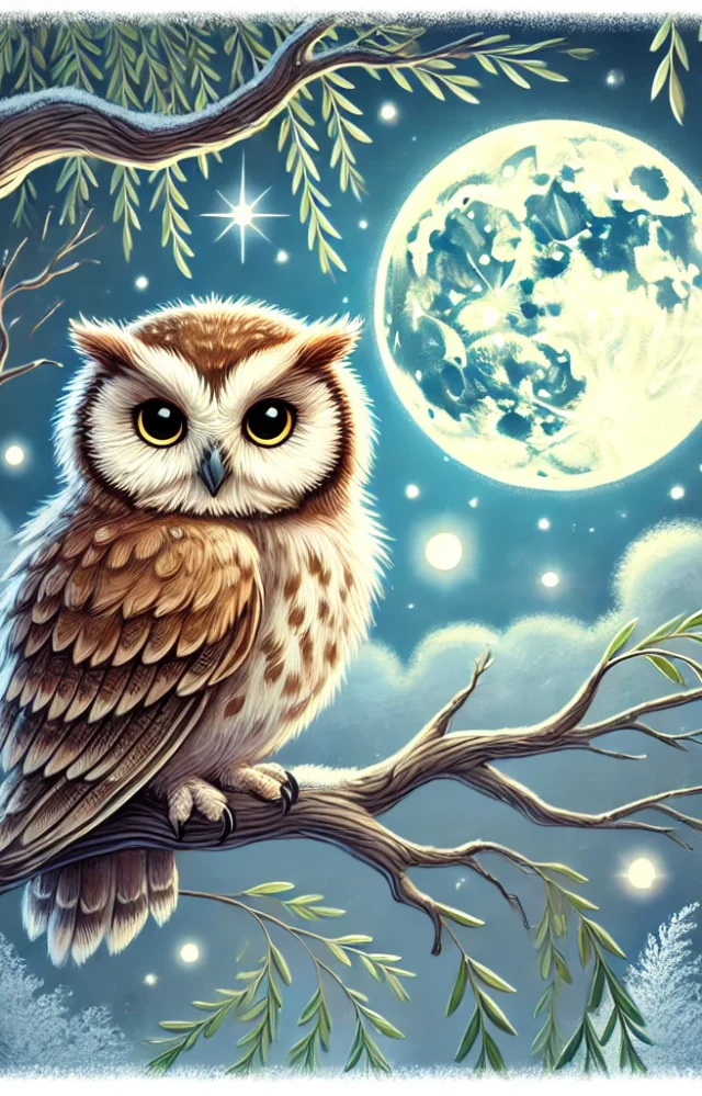 A wise owl named Oliver perched on an ancient willow tree under moonlight, surrounded by twinkling stars in a peaceful forest