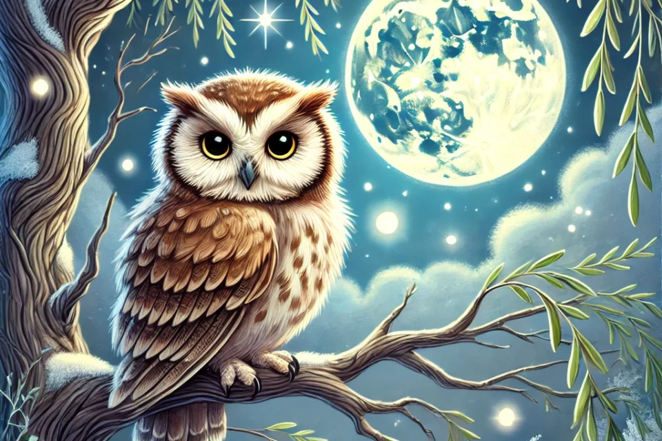 A wise owl named Oliver perched on an ancient willow tree under moonlight, surrounded by twinkling stars in a peaceful forest