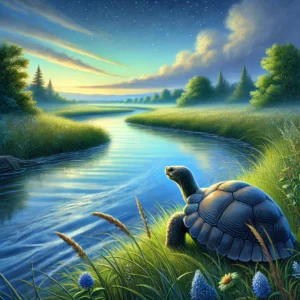 A calm river flowing through a meadow during twilight with the wise tortoise Tobias sitting by the riverbank, reflecting the stars and sky