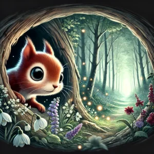 A small squirrel named Hazel peeking out of a dark cave into an inviting forest, with soft breezes carrying faint glowing lights around her