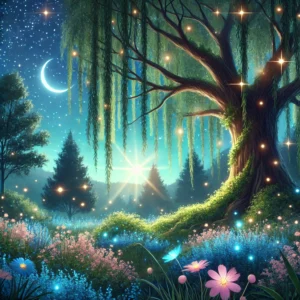 " A serene forest under a starry night sky, with softly glowing trees and flowers swaying in the gentle breeze, creating an enchanting atmosphere.