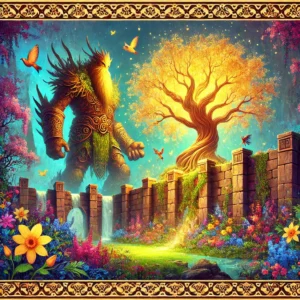 The giant Grom's garden surrounded by high stone walls, featuring a glowing Golden Tree with vibrant flowers and birds. Children are peeking over the wall to get a glimpse