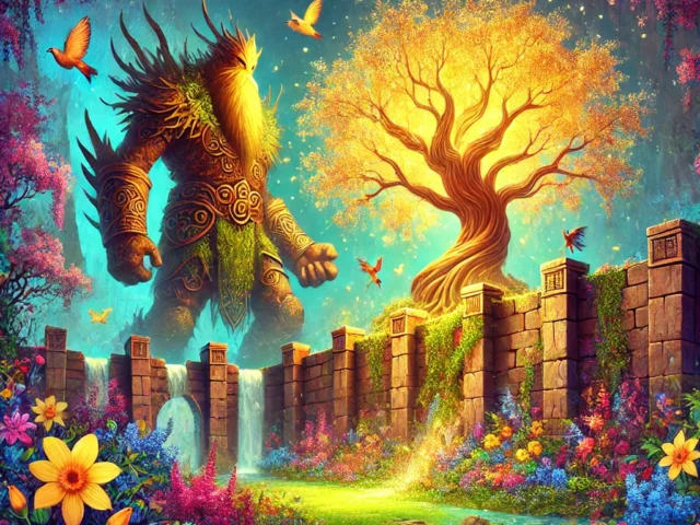 The giant Grom's garden surrounded by high stone walls, featuring a glowing Golden Tree with vibrant flowers and birds. Children are peeking over the wall to get a glimpse