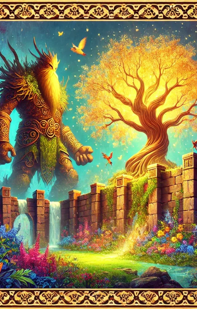 The giant Grom's garden surrounded by high stone walls, featuring a glowing Golden Tree with vibrant flowers and birds. Children are peeking over the wall to get a glimpse