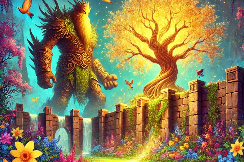 The giant Grom's garden surrounded by high stone walls, featuring a glowing Golden Tree with vibrant flowers and birds. Children are peeking over the wall to get a glimpse