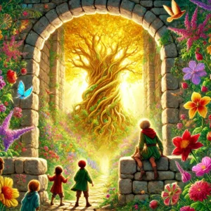 The giant Grom standing atop the garden wall, looking down at a group of smiling children, including Leo, with the magical Golden Tree in the background.