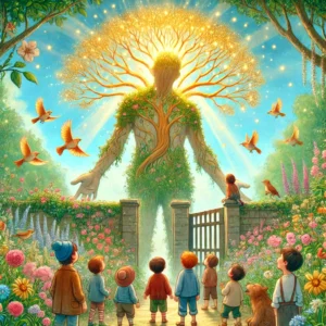 A magical garden in full bloom with vibrant flowers and a glowing Golden Tree. The giant Grom is happily tending to the garden alongside the children.A magical garden in full bloom with vibrant flowers and a glowing Golden Tree. The giant Grom is happily tending to the garden alongside the children.