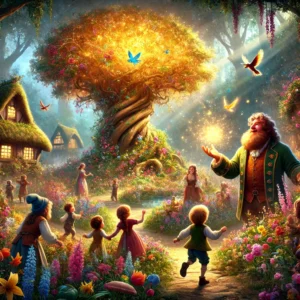 The Golden Tree losing its light in Grom's garden, surrounded by wilting flowers and dark clouds. The giant Grom and the children stand around it with worried expressions.