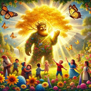 Grom and the children, including Leo, proudly standing in front of the Golden Tree in full bloom. The garden is vibrant with flowers, butterflies, and glowing fairy lights under a bright sky."