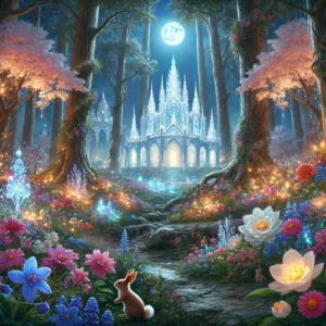  An enchanted forest at twilight, filled with glowing flowers of various colors, towering sparkling trees, and a crystal palace at the center. The scene is bathed in soft moonlight, with animals like squirrels and rabbits in the foreground, creating a magical and serene atmosphere.