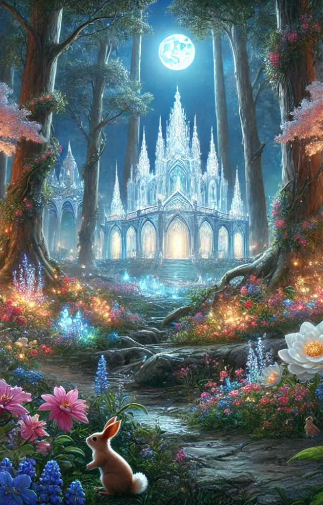 An enchanted forest at twilight, filled with glowing flowers of various colors, towering sparkling trees, and a crystal palace at the center. The scene is bathed in soft moonlight, with animals like squirrels and rabbits in the foreground, creating a magical and serene atmosphere.