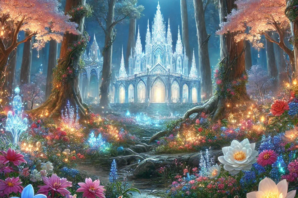 An enchanted forest at twilight, filled with glowing flowers of various colors, towering sparkling trees, and a crystal palace at the center. The scene is bathed in soft moonlight, with animals like squirrels and rabbits in the foreground, creating a magical and serene atmosphere.