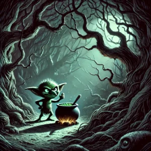 A dark, shadowy part of the forest with twisted trees, featuring a mischievous goblin named Grimble. He is small, with green skin, pointy ears, and a sly expression, standing near a cauldron while plotting with an evil grin. The scene is eerie, lit dimly by moonlight. 