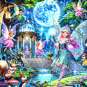  A vibrant and joyful forest scene during the Moon Festival, with fairies dancing in the air, squirrels and rabbits playing games around the crystal palace, and a sparkling stream under the moonlight. The Fairy Queen Lumina stands on the palace steps, holding a magical glowing staff, looking alert and graceful.