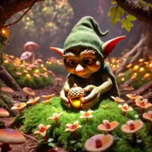 A magical forest scene where the goblin Grimble finds a golden acorn nestled under a bed of flowers. Grimble appears determined and focused, holding the golden acorn carefully. The forest around him is filled with glowing flowers and trees, creating an enchanting atmosphere.