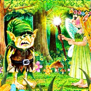 A forest scene where the goblin Grimble stands before the Fairy Queen Lumina, who holds her magical glowing staff high. Grimble looks grateful and changed. The surrounding forest is bright and vibrant, filled with flowers and creatures, symbolizing transformation and the power of kindness.