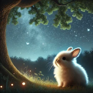 A fluffy bunny sitting under an oak tree at night, gazing up at the twinkling stars in a calm and magical forest setting.