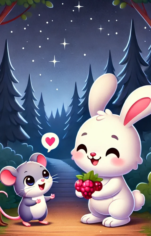 A cute bunny meeting a tiny mouse holding berries in the softly glowing forest at night, surrounded by tall trees