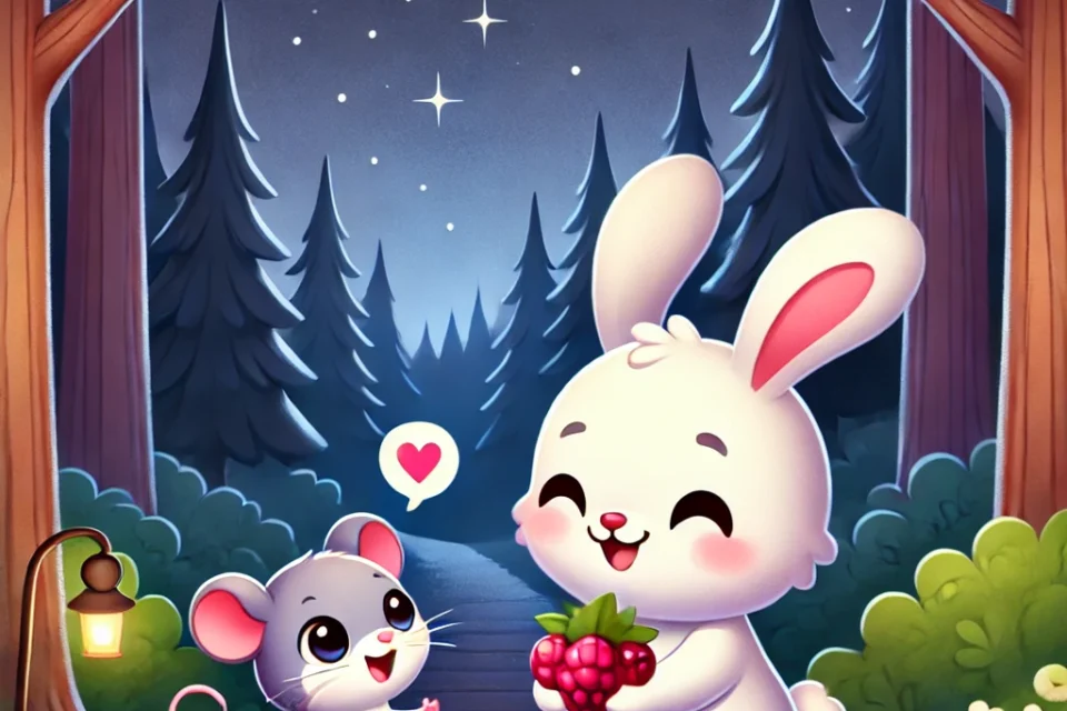 A cute bunny meeting a tiny mouse holding berries in the softly glowing forest at night, surrounded by tall trees