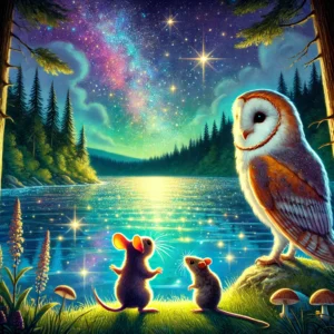 A bunny, mouse, and wise owl standing by a magical lake that shimmers with bright colors, under a star-filled sky in the forest."
