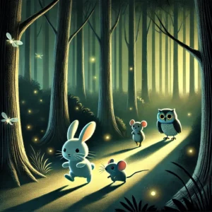 A bunny, mouse, and owl carefully walking through a dark forest, lit by glowing fireflies, with tall trees casting long shadows.