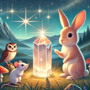 A bunny, mouse, and owl standing in a bright open valley at night, with a large glowing crystal in the center and stars twinkling above.