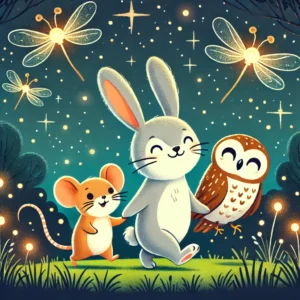 A bunny, mouse, and owl walking closely together through a forest at night, surrounded by glowing fireflies and twinkling stars.