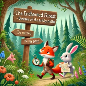 "A fox and a rabbit walking through a magical forest with tall trees and colorful flowers. A signpost reads, 'The Enchanted Forest - Beware of the Tricky Paths.