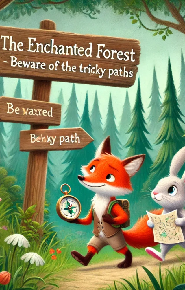 "A fox and a rabbit walking through a magical forest with tall trees and colorful flowers. A signpost reads, 'The Enchanted Forest - Beware of the Tricky Paths.