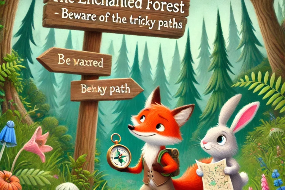 "A fox and a rabbit walking through a magical forest with tall trees and colorful flowers. A signpost reads, 'The Enchanted Forest - Beware of the Tricky Paths.