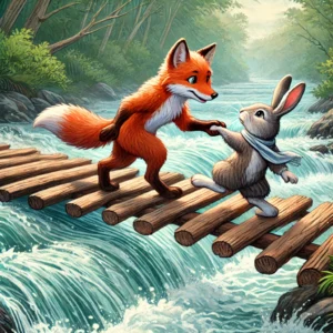 "A fox and a rabbit carefully crossing a rickety wooden bridge over a rushing river. The fox leads the way, holding the rabbit's paw as they step cautiously