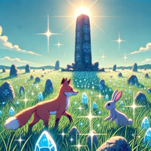 A fox and a rabbit walking through a field of sparkling stones under the sunlight, with a tall stone pillar marked with mysterious symbols in the background