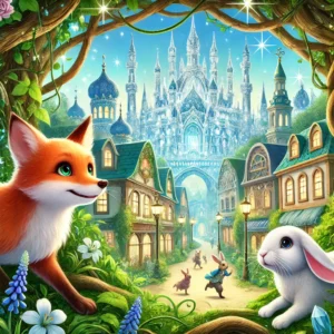 Max and Ruby emerging from a vine-covered passage into a dazzling city surrounded by sparkling crystal walls