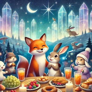 Max, Ruby, and other forest animals sitting under a starry sky, enjoying a celebration in the Hidden City