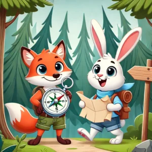 A clever fox and a curious rabbit standing at the edge of a forest. The fox holds a compass, and the rabbit holds a map, both looking excited to begin their adventure.